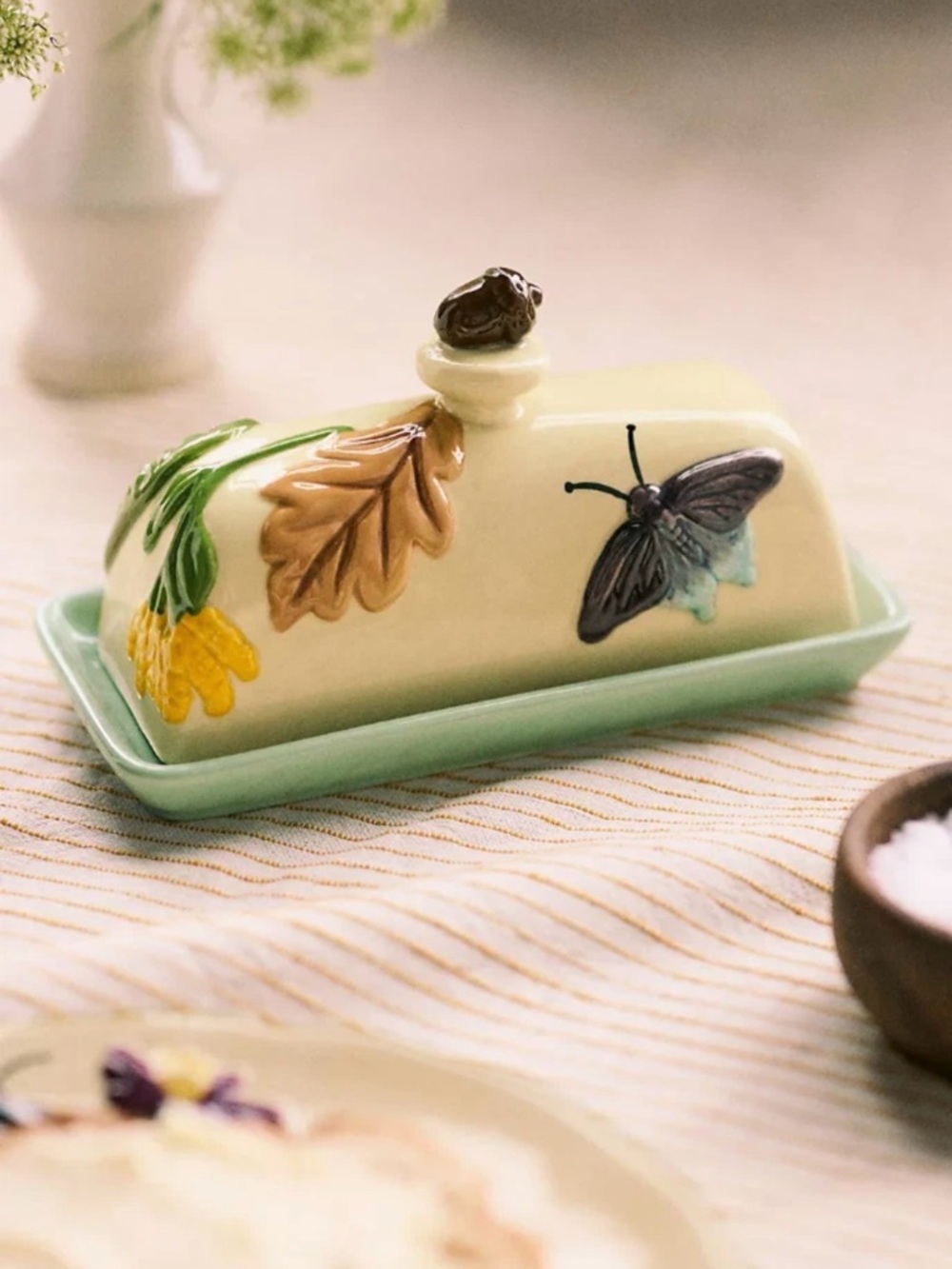 Anthropologie Faye Icon Stoneware Butter Dish Embossed Ceramic New